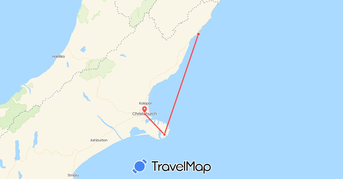 TravelMap itinerary: plane, hiking in New Zealand (Oceania)